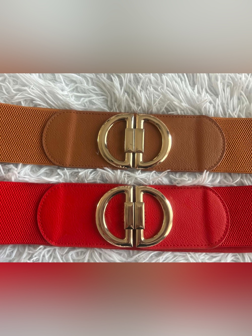Wide Leather Waist Belt with Gold Interlocking Buckle - Tan and Red